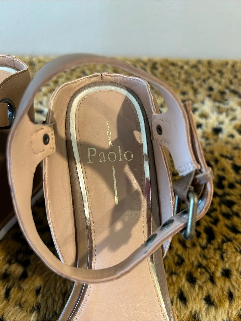Linea Paolo Leopard-Print Front Strap Tan Ankle-Strap Wedges
